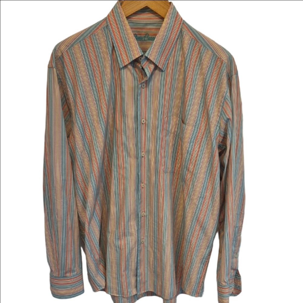 Alan Flusser Multicolor Striped Dress Shirt — Blue, Orange, Cream, Tan